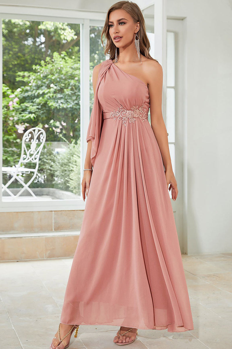 Load image into Gallery viewer, En skulder rosa chiffon bryllupsfest kjole