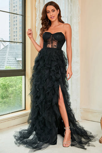 Stroppeløs svart korsett Prom kjole med spalt