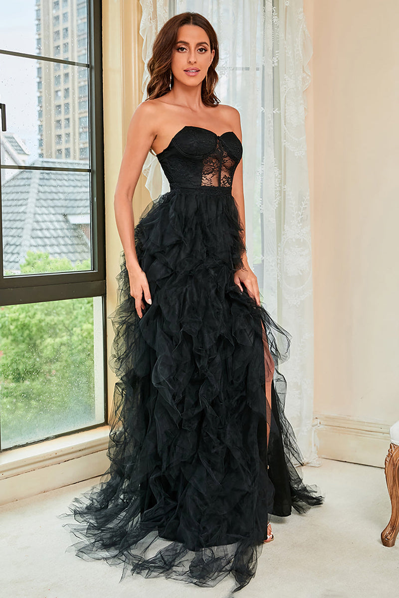 Load image into Gallery viewer, Stroppeløs svart korsett Prom kjole med spalt
