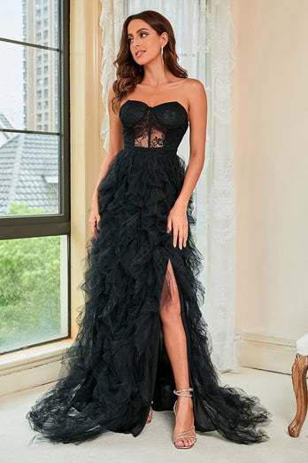Stroppeløs svart korsett Prom kjole med spalt