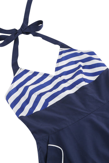 Halter Stripe Blå Swing Retro kjole med lommer