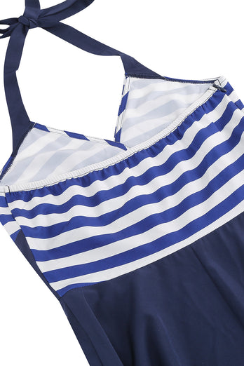 Halter Stripe Blå Swing Retro kjole med lommer