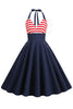 Load image into Gallery viewer, Halter Stripe Blå Swing Retro kjole med lommer
