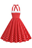 Red Halter Polka Dots kjole fra 1950-tallet