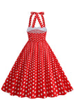 Red Halter Polka Dots kjole fra 1950-tallet