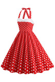 Red Halter Polka Dots kjole fra 1950-tallet