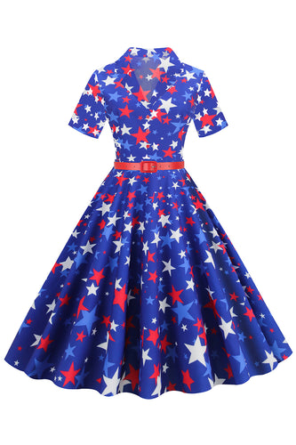 Royal Blue Stars Print Belt 1950-tallet kjole med korte ermer