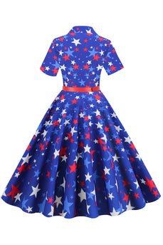 Royal Blue Stars Print Belt 1950-tallet kjole med korte ermer