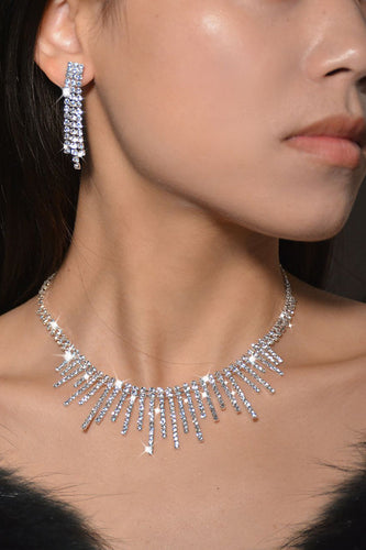 Sølv Rhinestone Drop Bridal øredobber halskjede sett