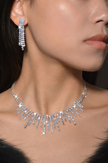 Sølv Rhinestone Drop Bridal øredobber halskjede sett