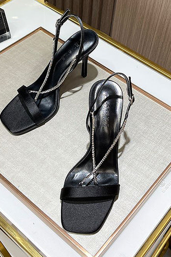 Firkantet tå stiletto svarte høye hæler med perler