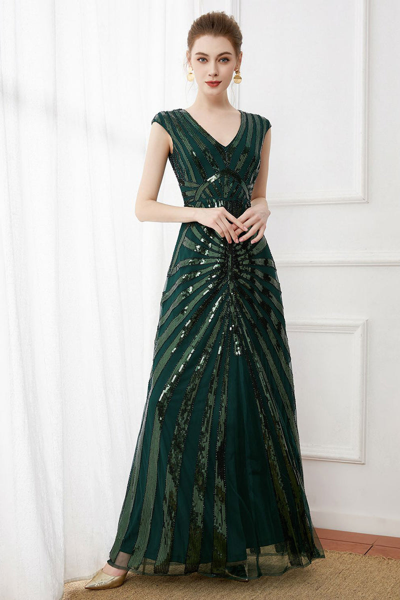 Load image into Gallery viewer, Mørkegrønne paljetter Lang kjole fra 1920-tallet med perler