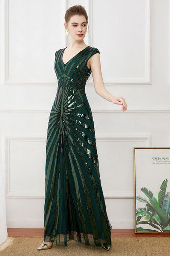 Mørkegrønne paljetter Lang kjole fra 1920-tallet med perler