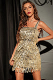 Sparkly Golden Sequins Cocktail Party kjole med frynser