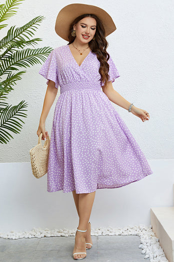 Lilac Plus Size V Neck Summer Dress med korte ermer