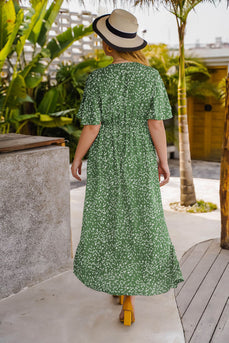 Grønn V Neck trykt Plus Size sommerkjole med korte ermer