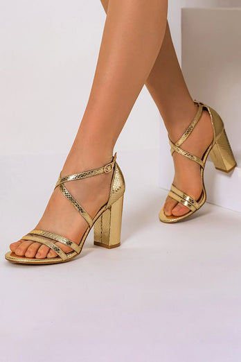 Golden Chunky High Heel Ankel Strap Sandal