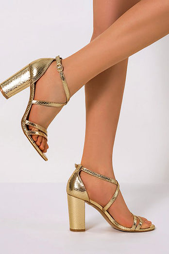 Golden Chunky High Heel Ankel Strap Sandal