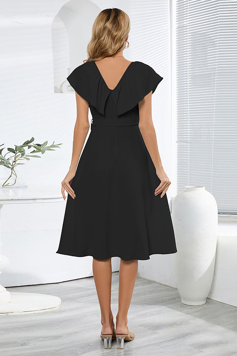Load image into Gallery viewer, V-hals ermeløs svart casual kjole med volanger