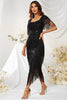 Load image into Gallery viewer, Firkantet hals svart formell kjole med frynser