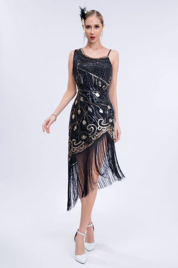 Black Beaded Brølende 20-tallet Gatsby Fringed Flapper Dress