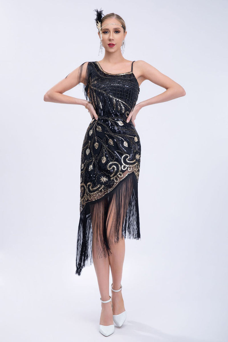 Load image into Gallery viewer, Black Beaded Brølende 20-tallet Gatsby Fringed Flapper Dress