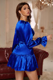V-hals Royal Blue kort hjemkomstkjole lange ermer