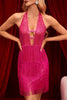 Load image into Gallery viewer, Sparkly Halter Black Short Homecoming kjole med frynser