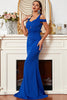 Load image into Gallery viewer, Satin havfrue kald skulder Royal Blue Prom kjole