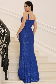 Sparkly Mermaid paljetter Royal Blue Prom kjole med Slit