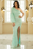 Load image into Gallery viewer, Sparkly One Shoulder Green Long Prom Dress med delt front