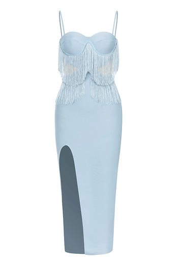 Lyseblå spaghetti stropper skjede cocktail kjole med dusk