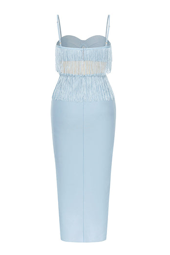 Lyseblå spaghetti stropper skjede cocktail kjole med dusk