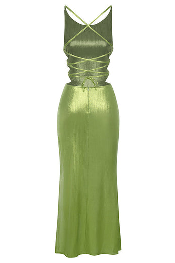 Grønn ermeløs blonder opp bak cocktailkjole med spalt