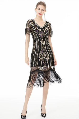 Svarte frynser glitrende kjole fra 1920-tallet med korte ermer
