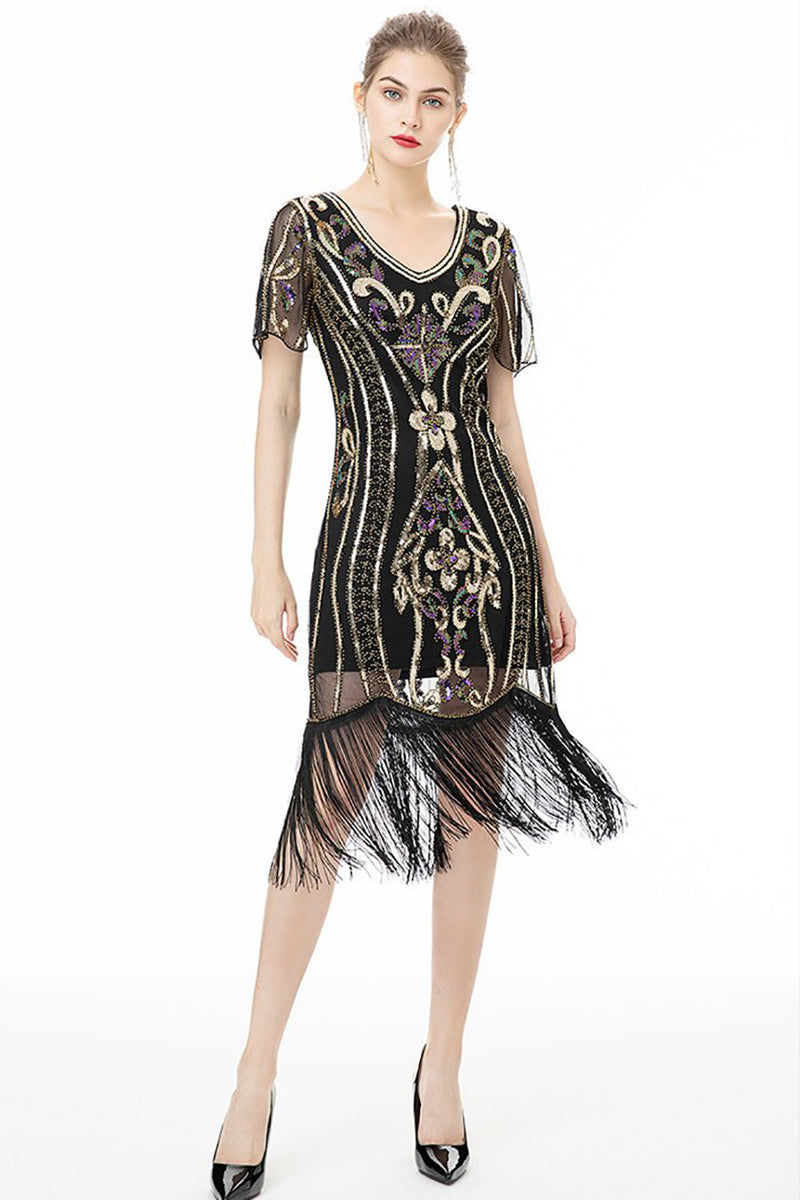 Load image into Gallery viewer, Svarte frynser glitrende kjole fra 1920-tallet med korte ermer