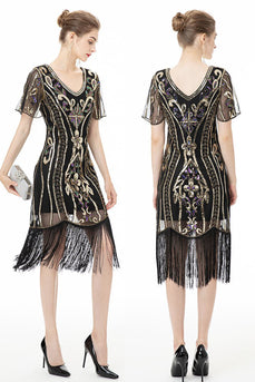 Svarte frynser glitrende kjole fra 1920-tallet med korte ermer