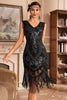 Load image into Gallery viewer, Svart gylden flettet paljett frynset 1920-tallet flapper kjole
