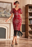 Rød V Neck Fringe 1920-tallet Gatsby kjole med paljetter