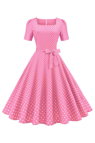 Rosa polka prikker korte ermer kjole fra 1950-tallet