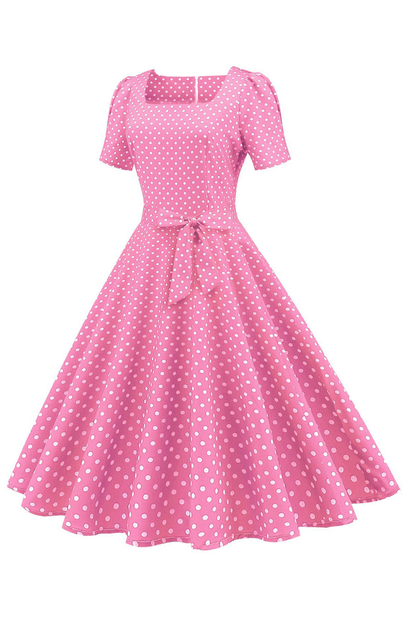 Load image into Gallery viewer, Rosa polka prikker korte ermer kjole fra 1950-tallet