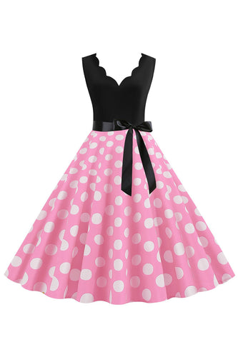 Rosa Polka Dots Ermeløs vintage kjole fra 1950-tallet