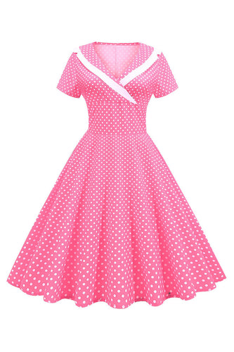 Rosa Polka Dots V-hals korte ermer 1950-tallet kjole