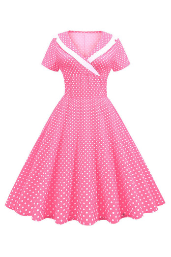 Rosa Polka Dots V-hals korte ermer 1950-tallet kjole