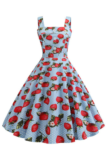 Strawbarries trykt blå ermeløs kjole fra 1950-tallet