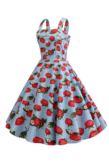 Strawbarries trykt blå ermeløs kjole fra 1950-tallet
