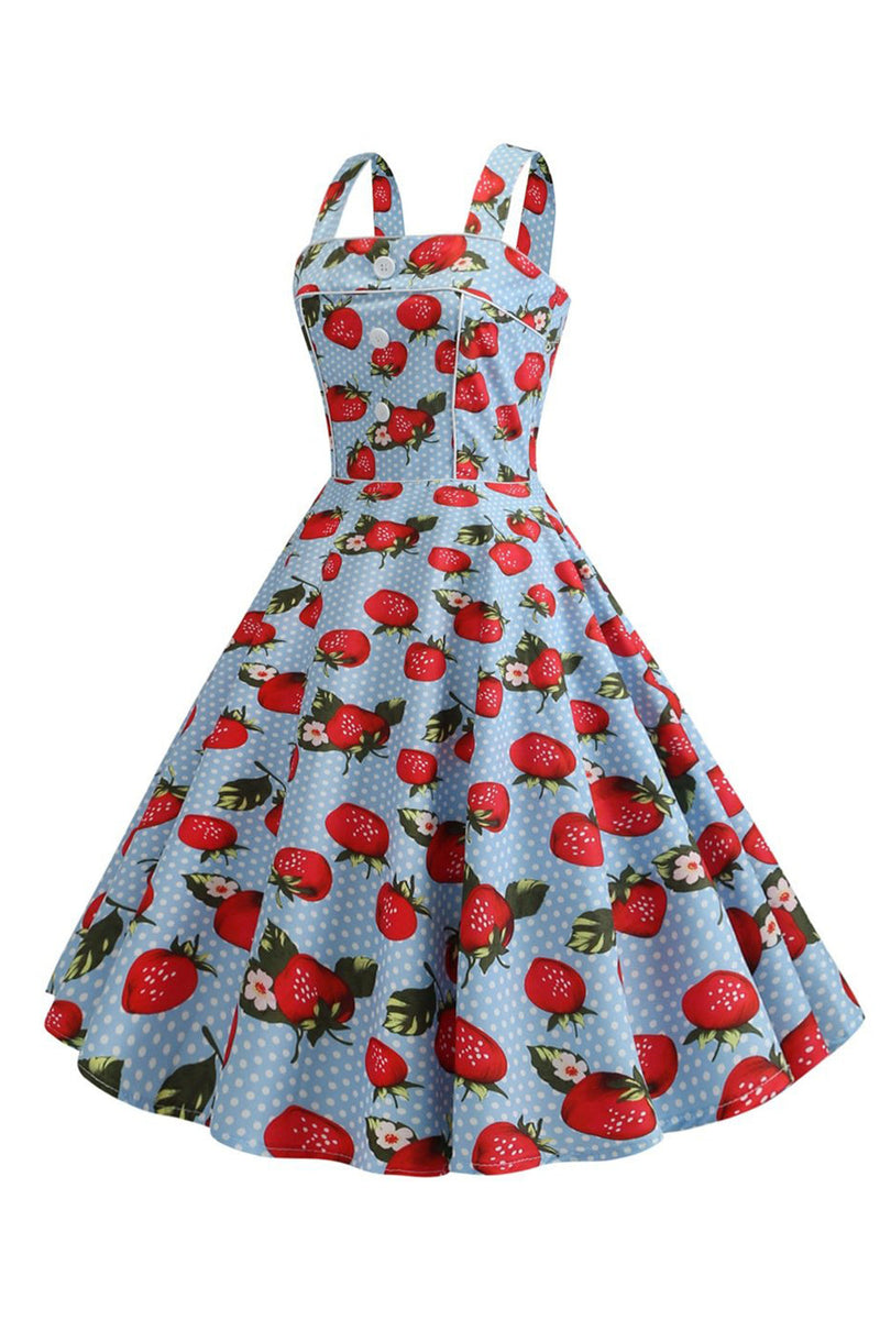 Load image into Gallery viewer, Strawbarries trykt blå ermeløs kjole fra 1950-tallet