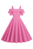 Load image into Gallery viewer, Cold Shoulder Polka Dots Barbie Pink 1950-tallet kjole