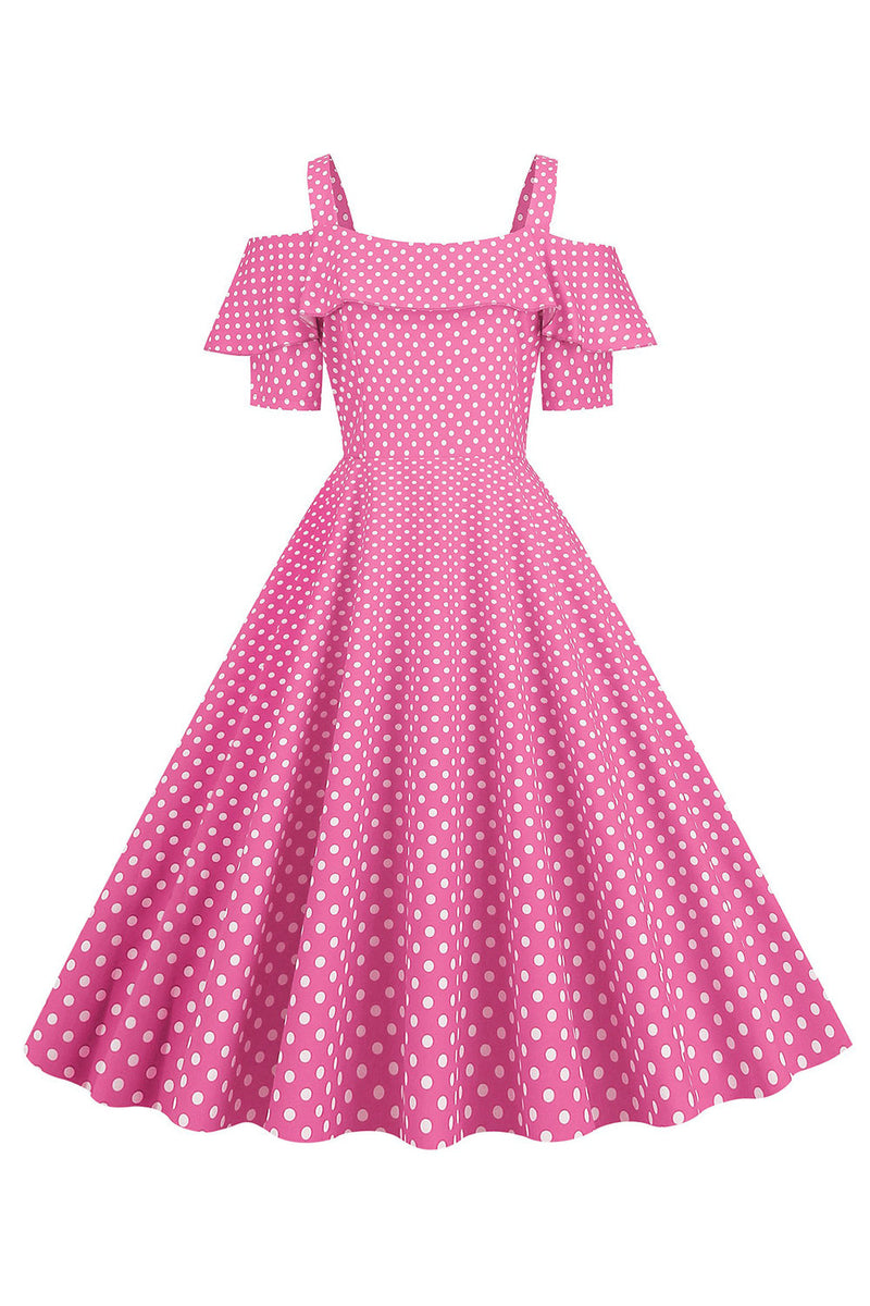 Load image into Gallery viewer, Cold Shoulder Polka Dots Barbie Pink 1950-tallet kjole