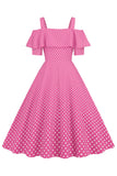 Cold Shoulder Polka Dots Barbie Pink 1950-tallet kjole